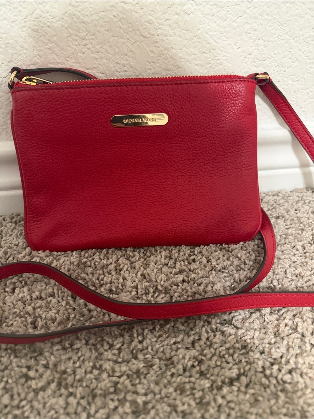 Michael Kors Red Pebbled Leather Crossbody with Gold Plate